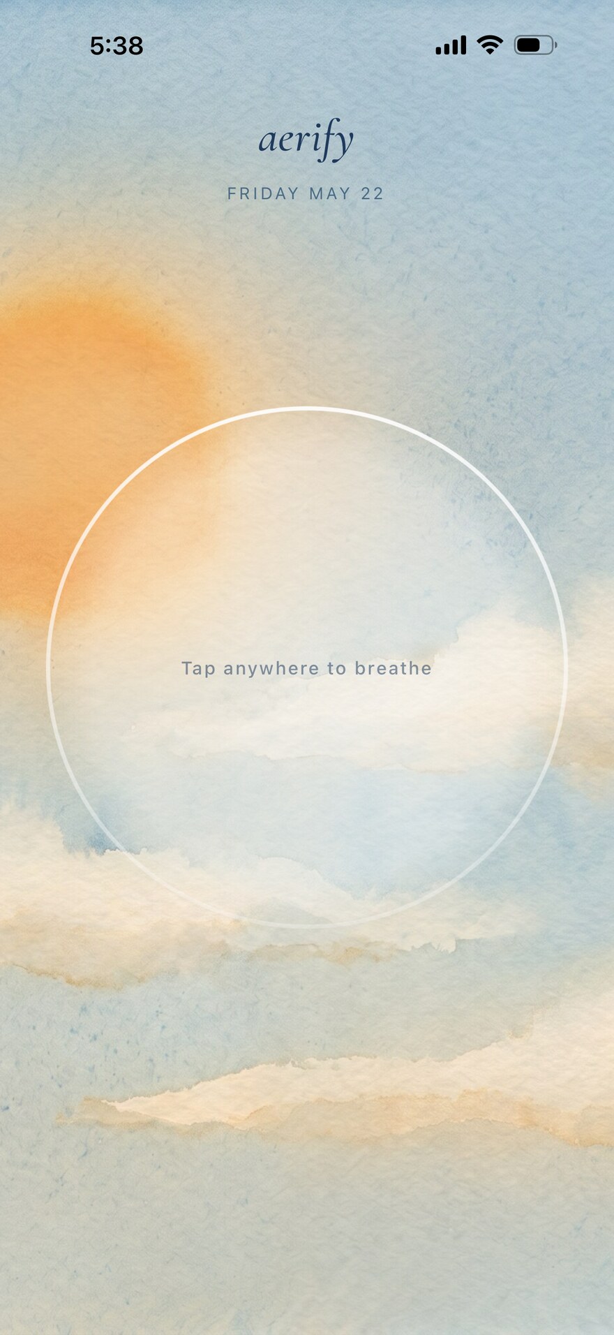 Aerify home screen, a soft watercolor sky with a breathing orb