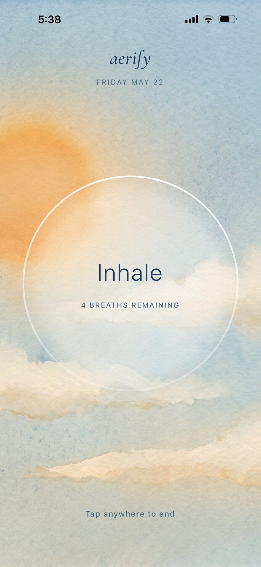 Aerify session, the word inhale centered on a watercolor sky